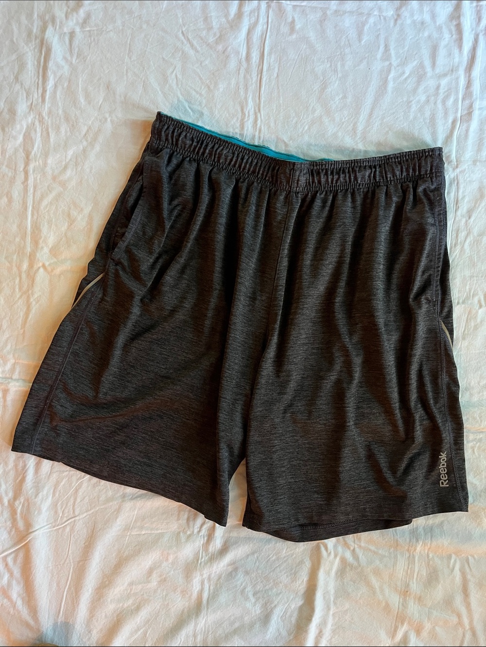 Reebok Men's Dark Gray Athletic Shorts with Teal Waistband